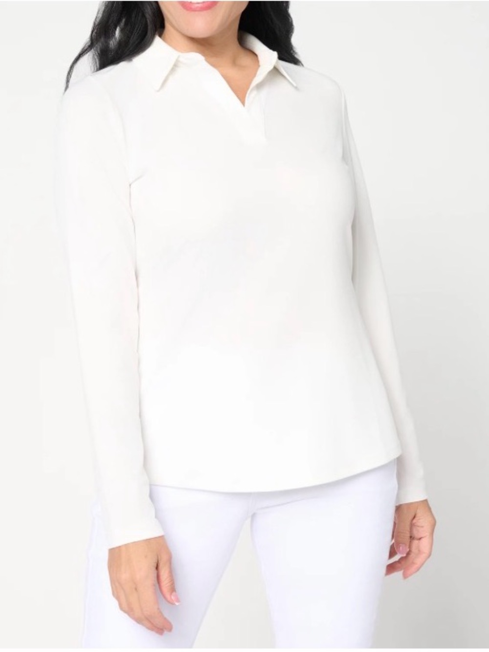 Susan Graver Liquid Knit Pullover Henley Top with Shritta Cream Pearl Size XL